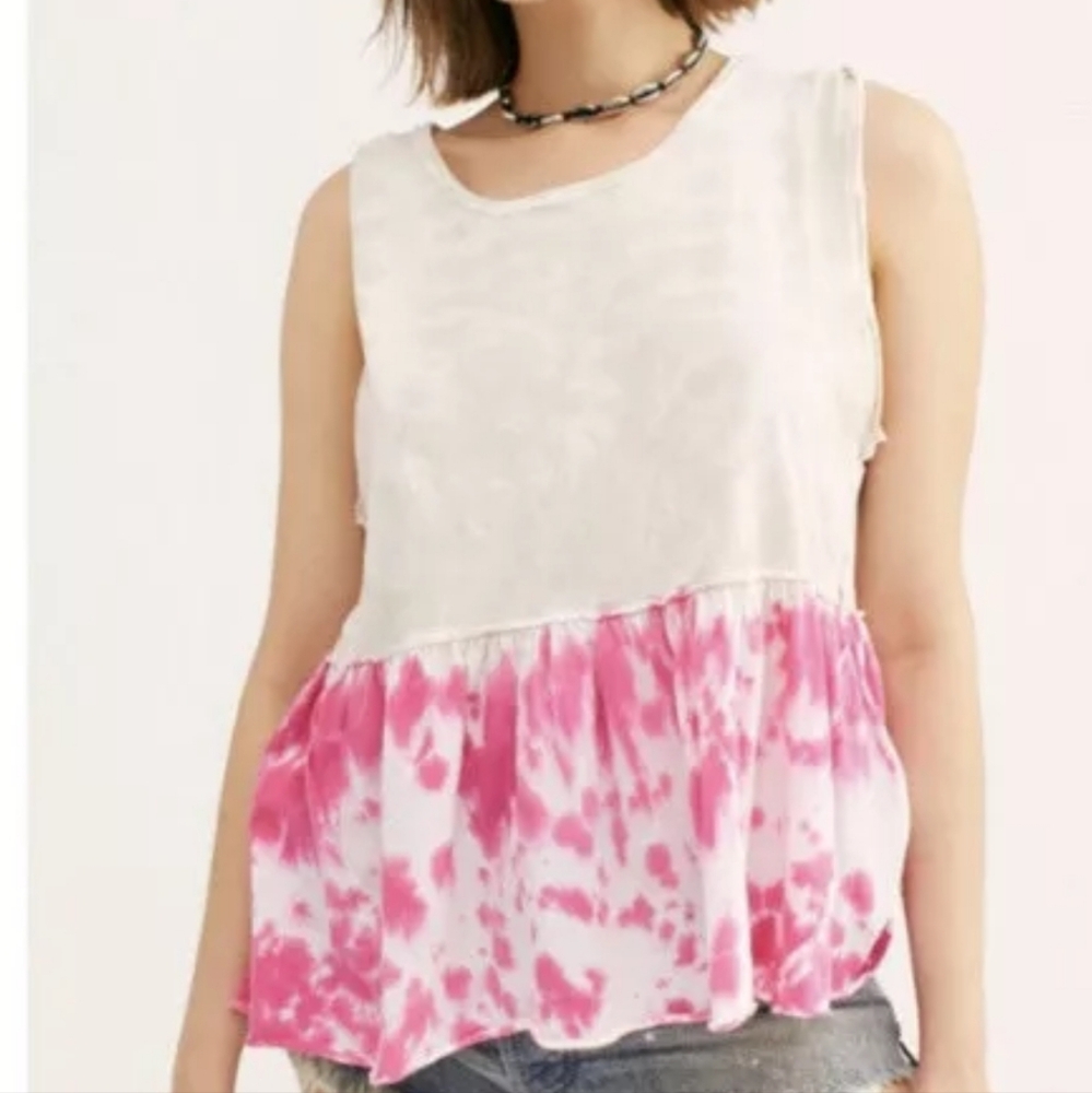 Free People We The Free Tie Dye Peplum Tank XS Cream Pink Cotton Sleeveless Top